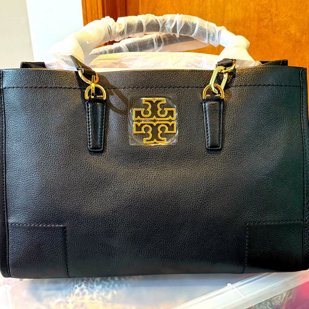 Tory Burch Black and Gold Structured Leather Tote